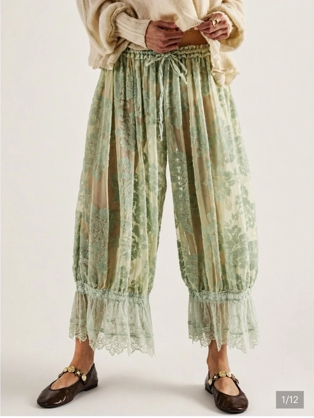 Free People Sheer Sage Green Floral Lace Wide-Leg Pants